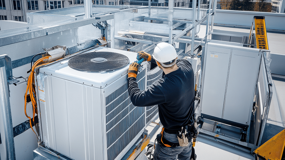 technician on a roof performing maintenance on an industrial size hvac